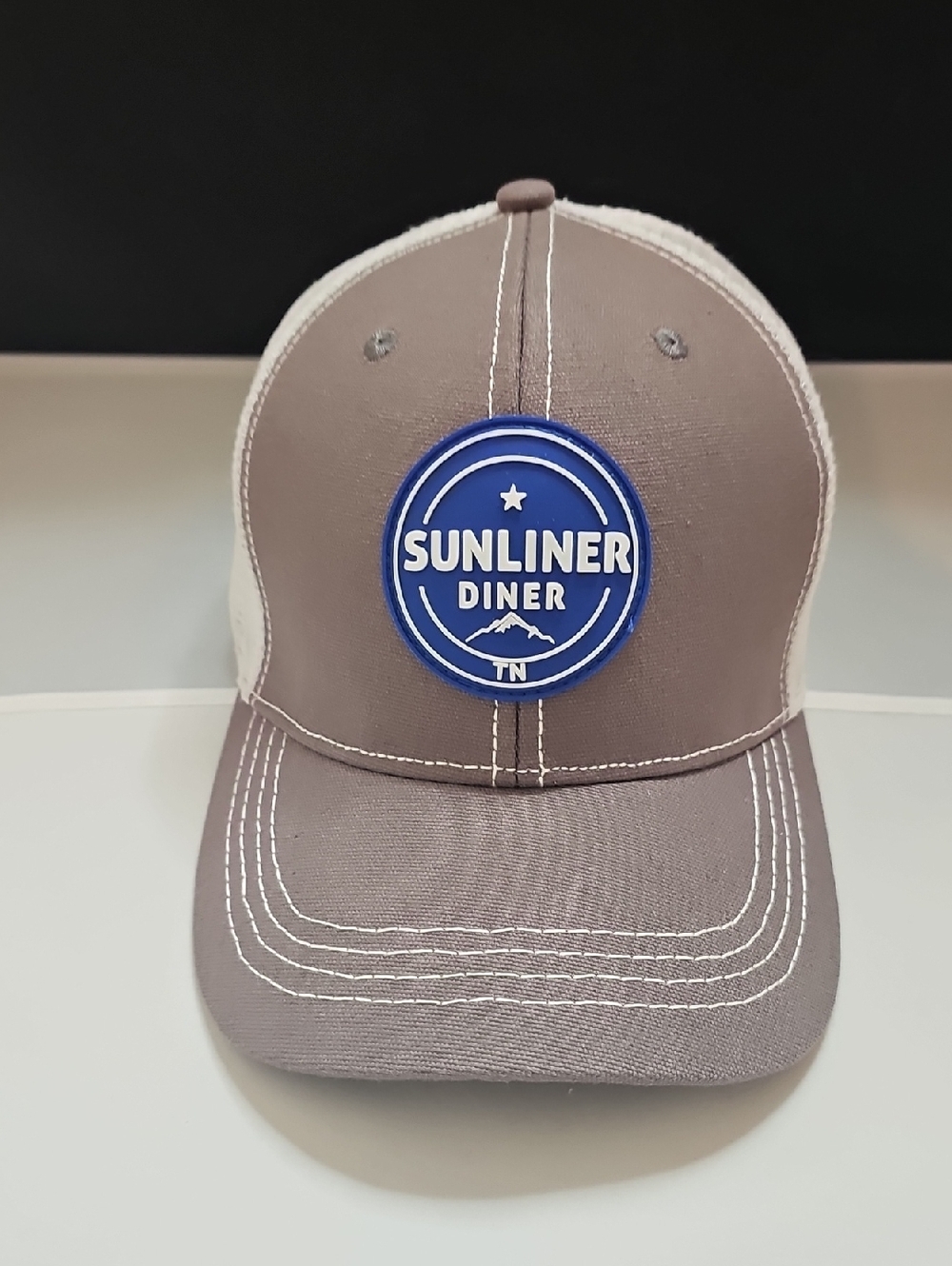 Sunliner Diner Taupe and White Trucker Hat with Blue Logo Patch